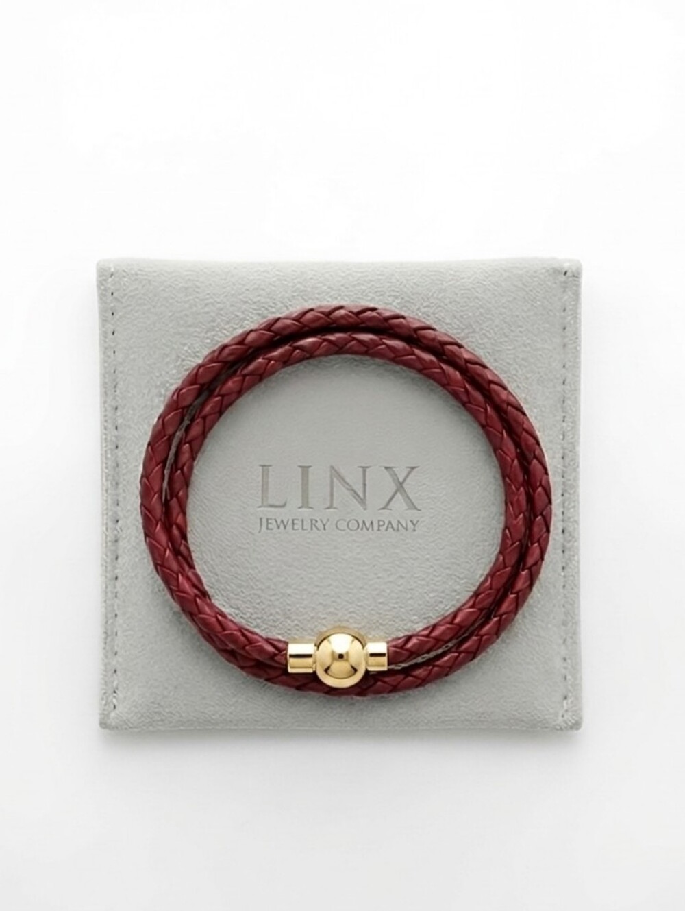 Linx Double Wrap Burgundy Leather Braided Cord Bracelet with Gold Magnetic Clasp